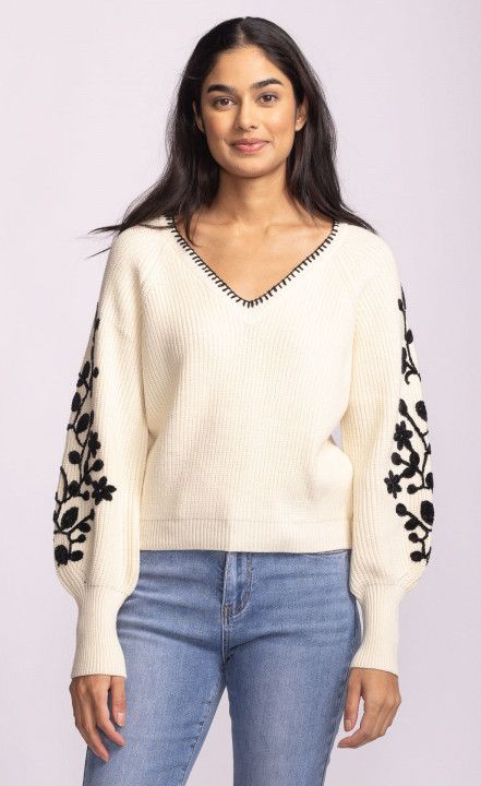 SW-243060BE Ladies V neck pullover sweater w/embroidery on sleeves