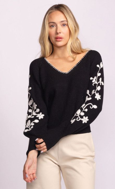 SW-243060BK Ladies V neck pullover sweater w/embroidery on sleeves