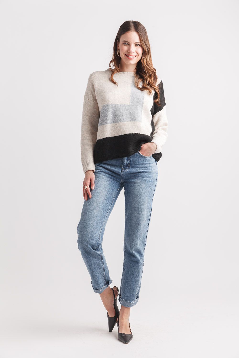 ST-19214 Women&#39;s long sleeve color block sweater