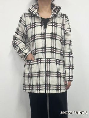 AM523 Plaid print zip sweater jacket w/front pockets
