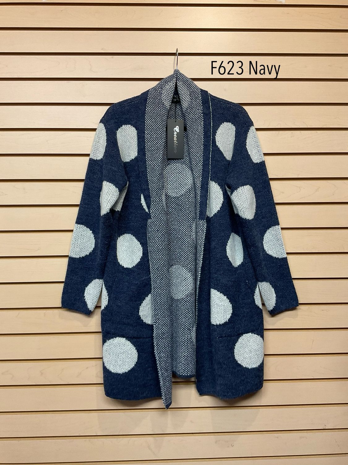 F623 Long open pokadot coat sweater w/front pockets