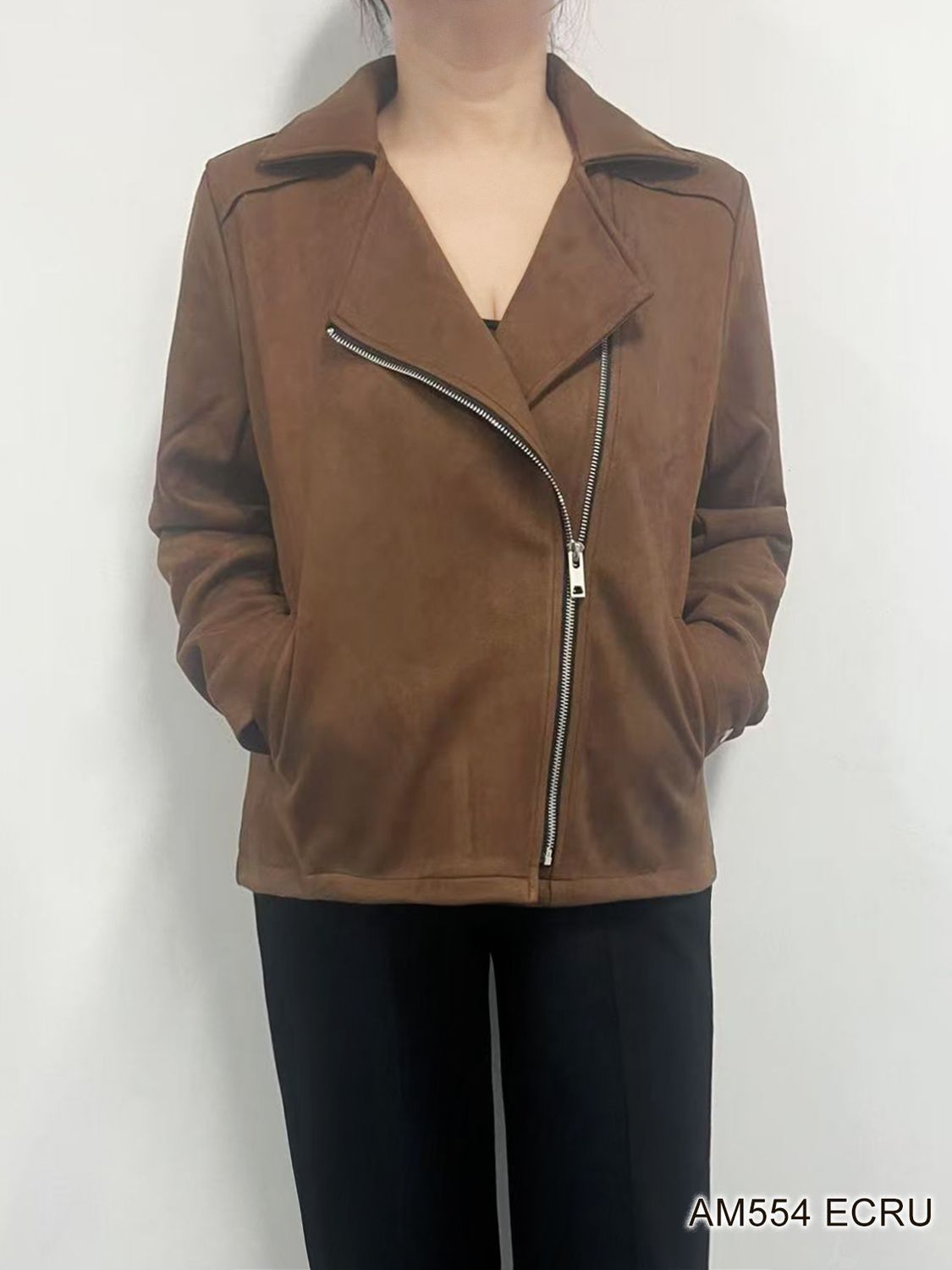 AM554 Faux suede diagonal zip jacket