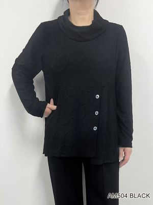 AM504 Cowl neck high-low soft light sweater w/button detail