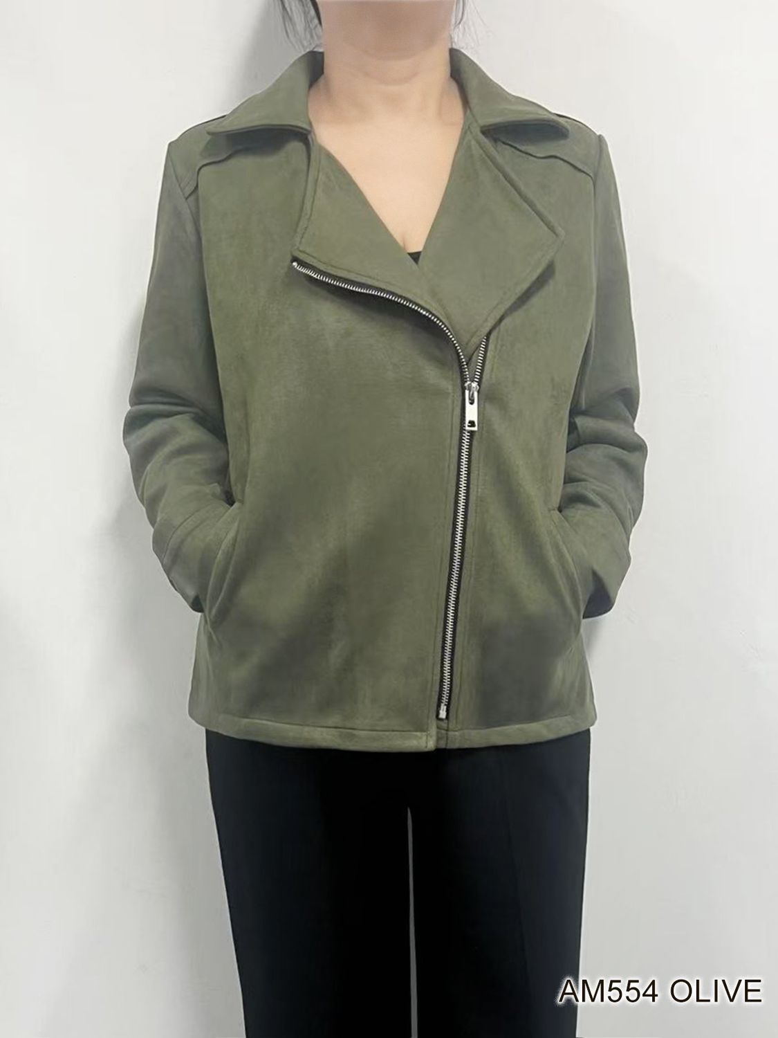 AM554 Faux suede diagonal zip jacket