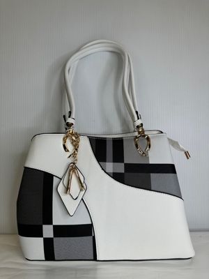 TO-1324A Top zip plaid front/solid back tote w/multiple inside compartments and extra strap