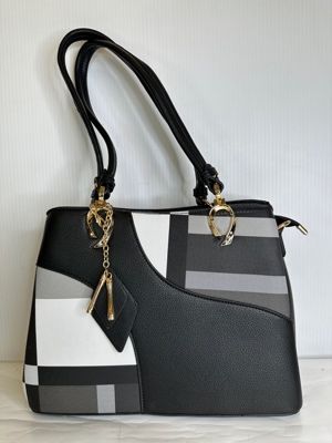 TO-1324A Top zip plaid front/solid back tote w/multiple inside compartments and extra strap