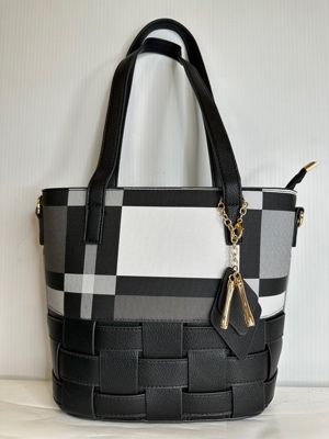 TO-1345AB Small top zip tote w/plaid bottom and extra strap for crossbody