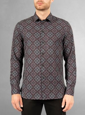 121675 men's long sleeve stretch print button shirt