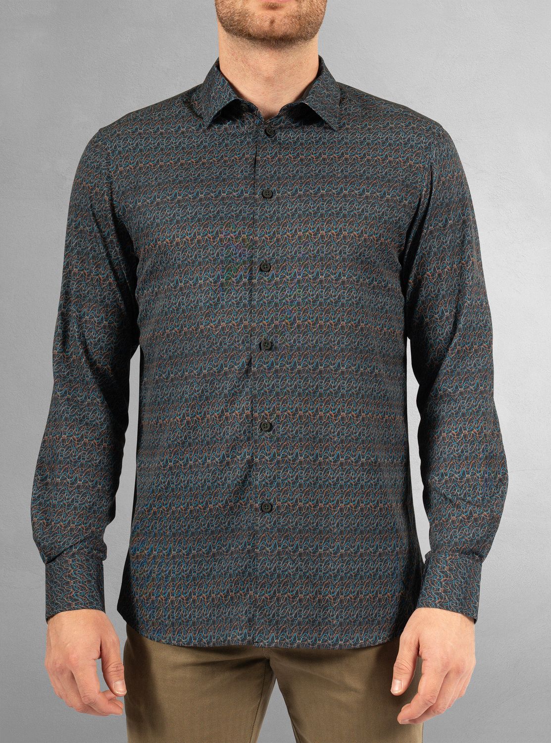 121664 Men&#39;s long sleeve stretch printed button shirt