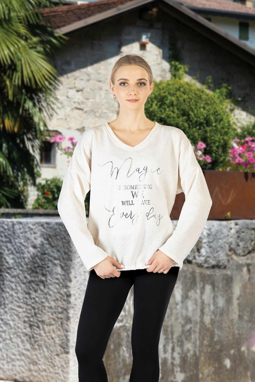C8123 Long sleeve V neck inspirational sweater w/drawstring