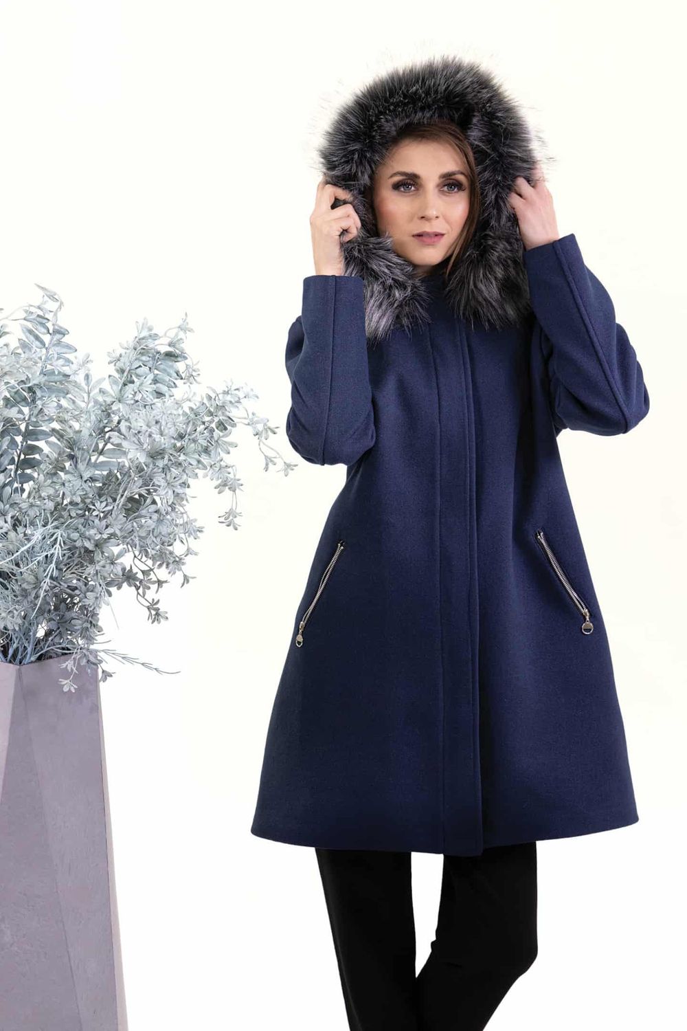 C8132 Ladies wool look jacket w/removable hood and pockets