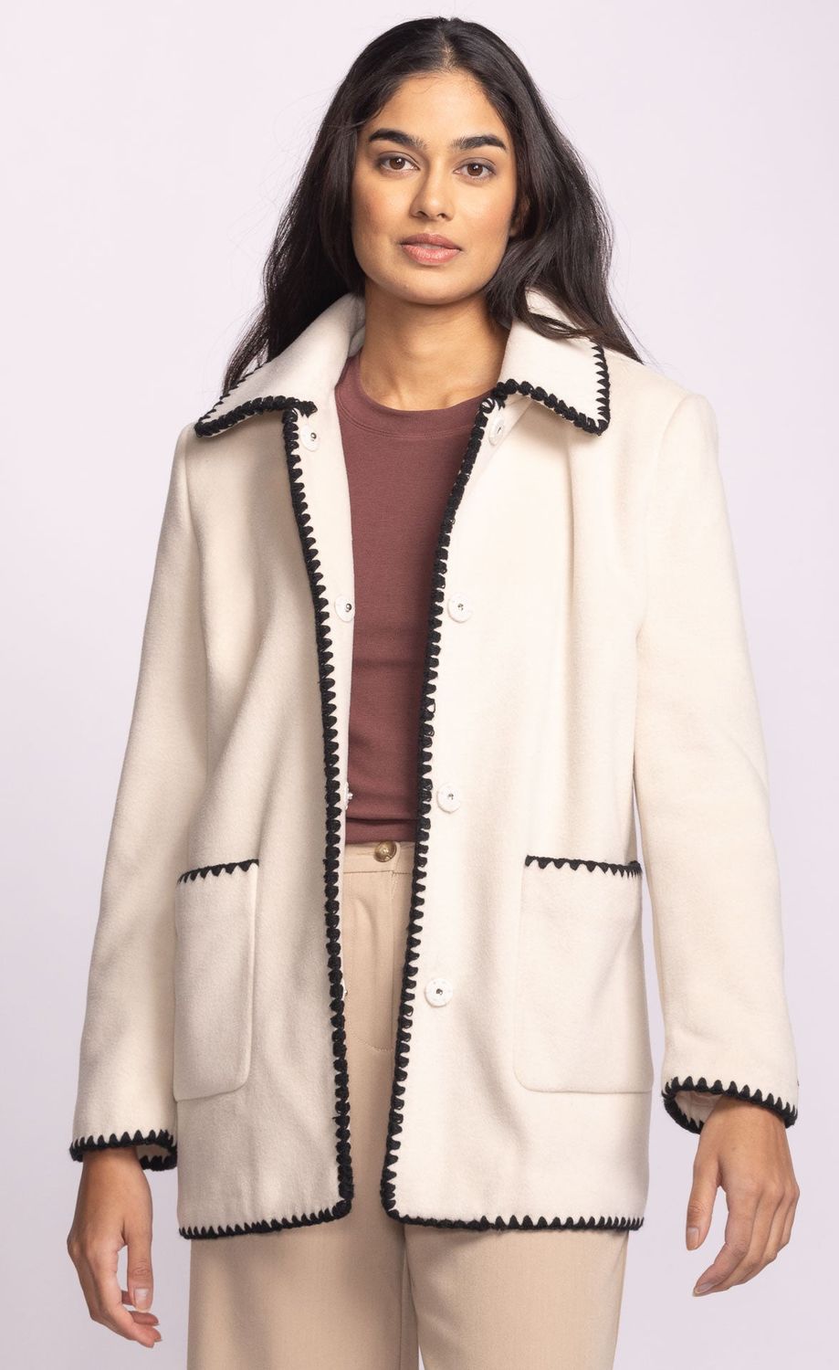 CO-11977OW Snap closure coat w/blk trim