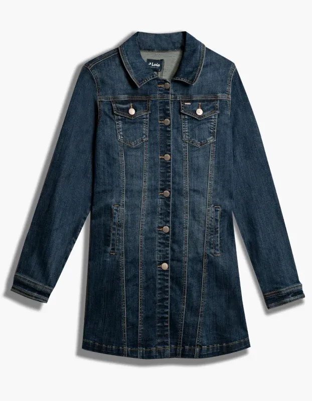 5760731100  Ladies long button jean jacket w/pockets