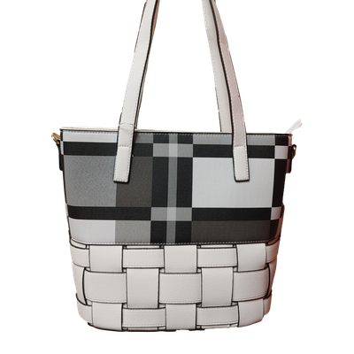 TO-1345A Top zip plaid tote purse w/weave bottom and extra strap