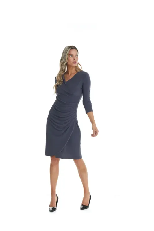 RCC-UNI-DENIM 3/4 sleeve v- neck cross over dress w/rouching