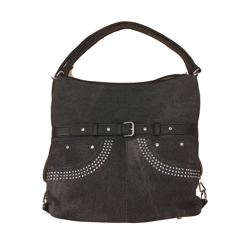TO-1319 Top zip denim purse with rhinestones can be a backpack