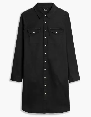 2091789400 Long sleeve stretch denim shirt dress w/pockets