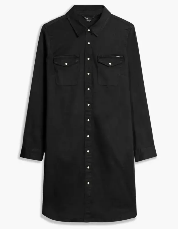 2091789400 Long sleeve stretch denim shirt dress w/pockets