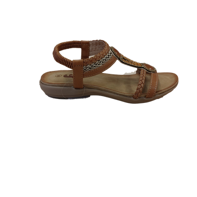 S-1546 Flat sandal w/rhinestones and bead detail and back strap