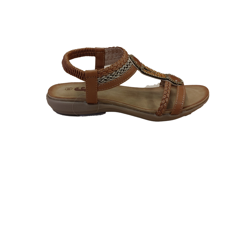 S-1546 Flat sandal w/rhinestones and bead detail and back strap