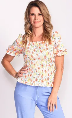 TO-230504R short sleeve floral smocking top