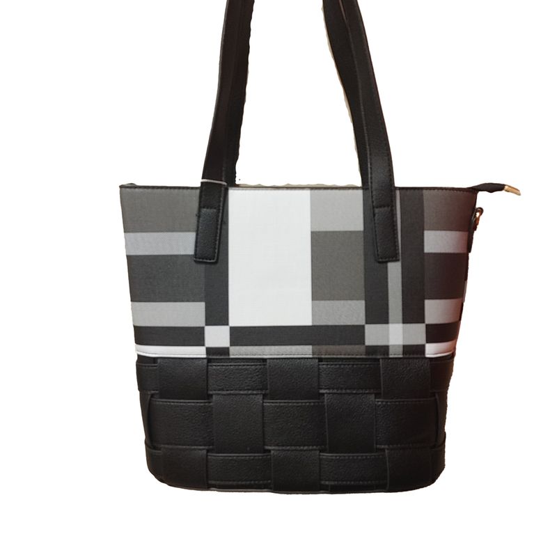 TO-1345A Top zip plaid tote purse w/weave bottom and extra strap
