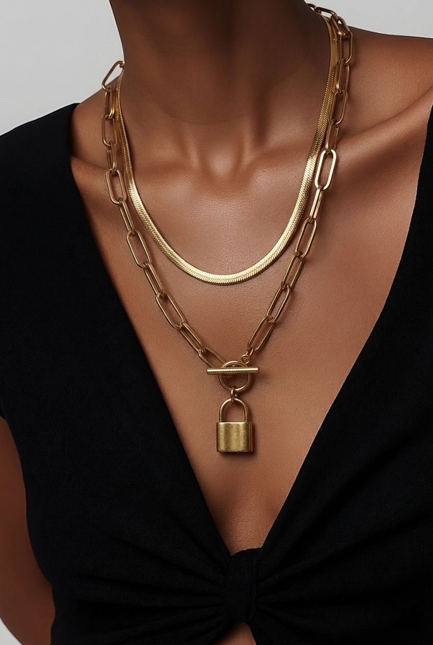 45  short gold tone lock necklace