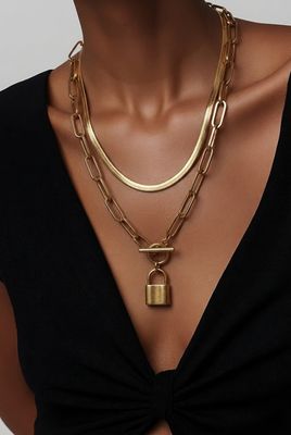 45  short gold tone lock necklace