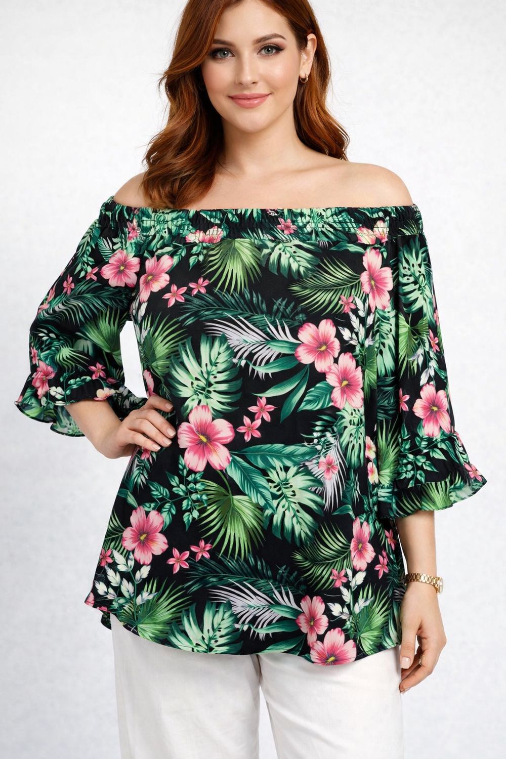 PT-14046 floral3/4 sleeve off the shoulder blouse