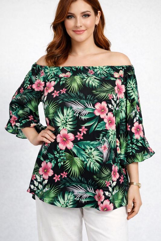 PT-14046 floral3/4 sleeve off the shoulder blouse