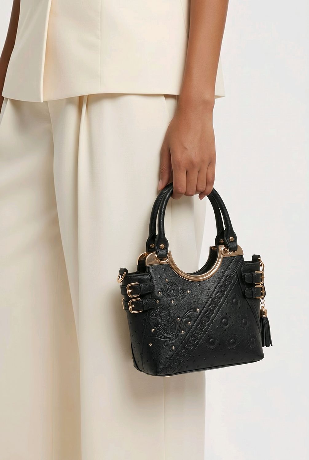 JE7566B small tote w buckles on sides and extra crossbody strap