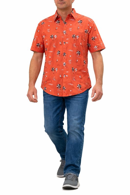 7264410 poly/cotton  palm tree/boat print button shirt