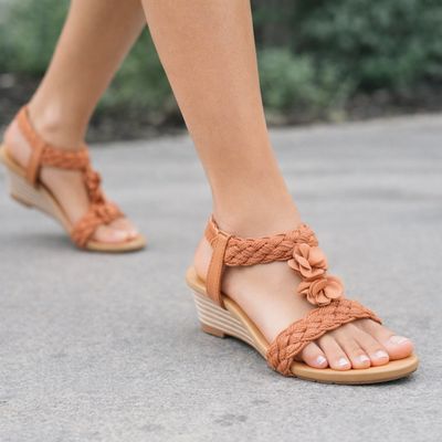 S-1459 wedge t-strap weaved sandal
