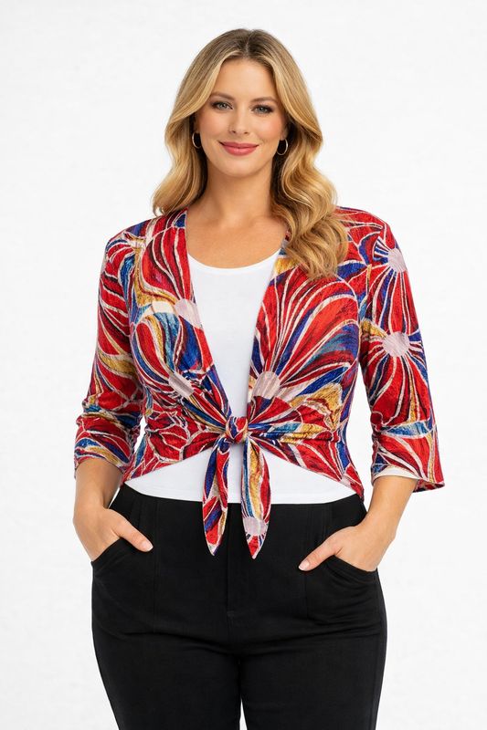 A357 printed 3/4 sleeve mesh bolero cover up