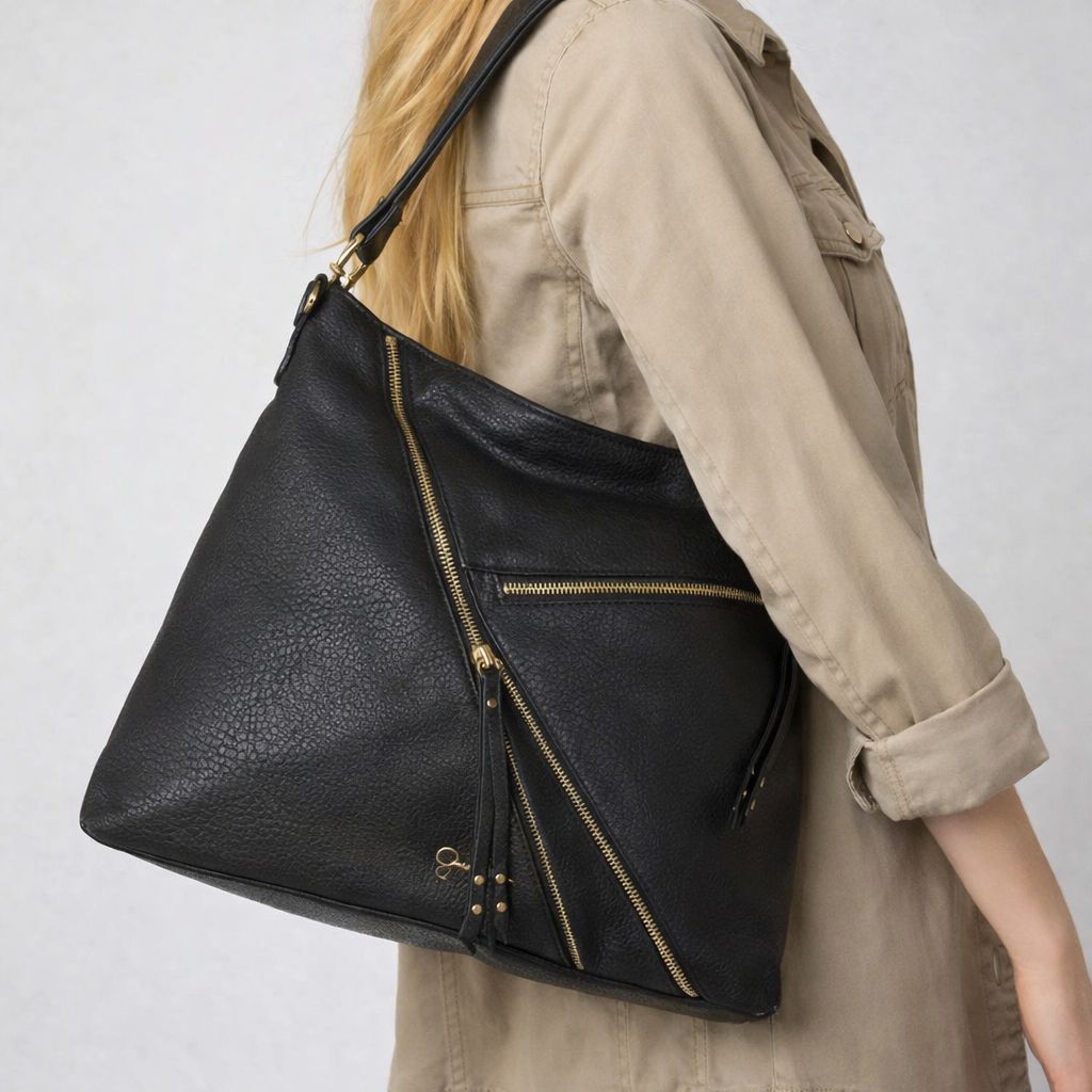 627843418795BLK hobo purse w/outside zipper detail
