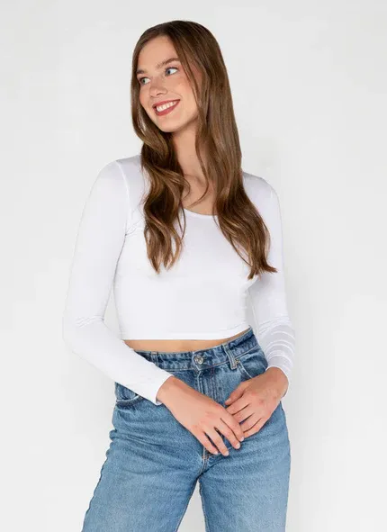 CEBT1018 bamboo stretch  l/s scoop neck crop t-shirt