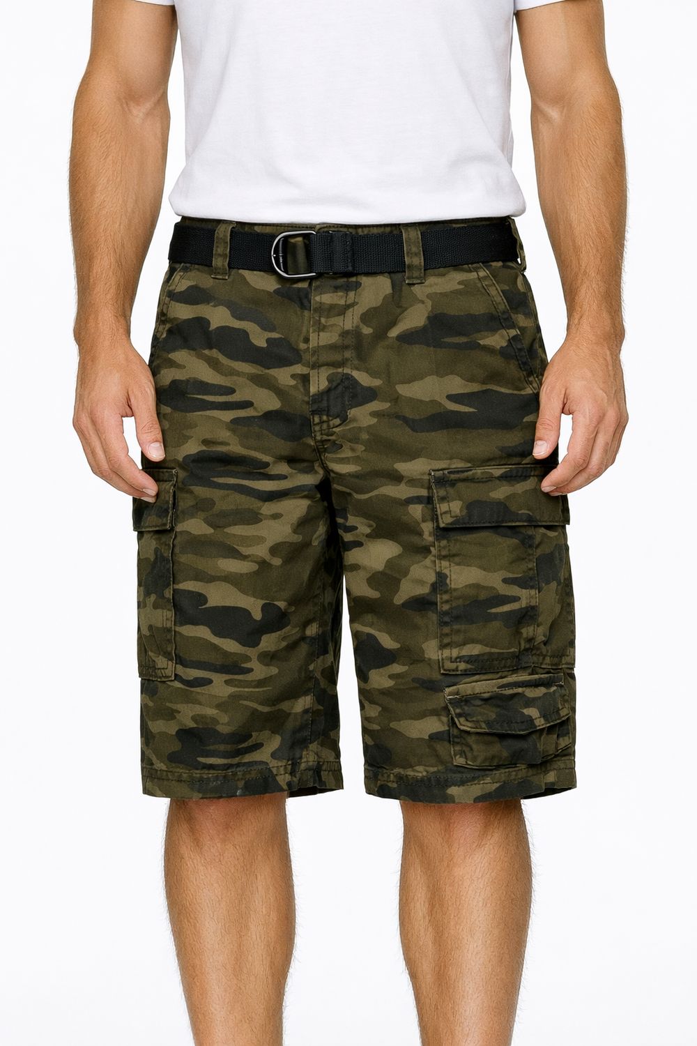 142812 mens camo long khaki shorts w/belt