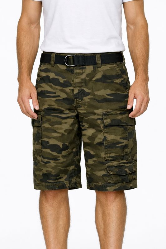 142812 mens camo long khaki shorts w/belt