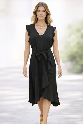 24S3632 ruffled sleeve v- neck long stretch dress w/ tie waist 24S3632 ruffled sleeve v- neck long stretch dress w/ tie waist