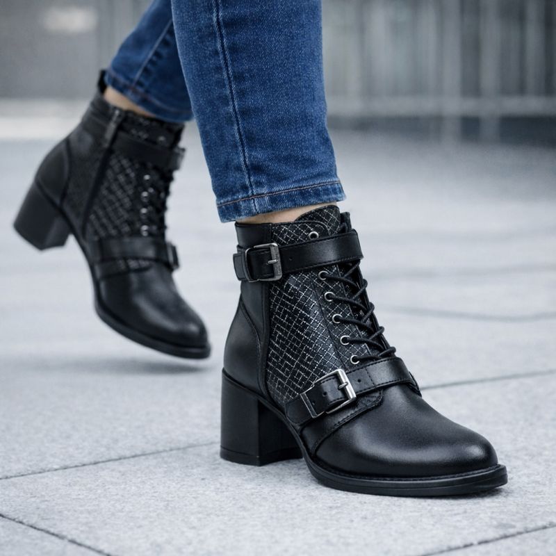 GXH-13 Ladies short boot w/heel, inside zip, lace look and buckle detail