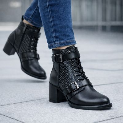 GXH-13 Ladies short boot w/heel, inside zip, lace look and buckle detail