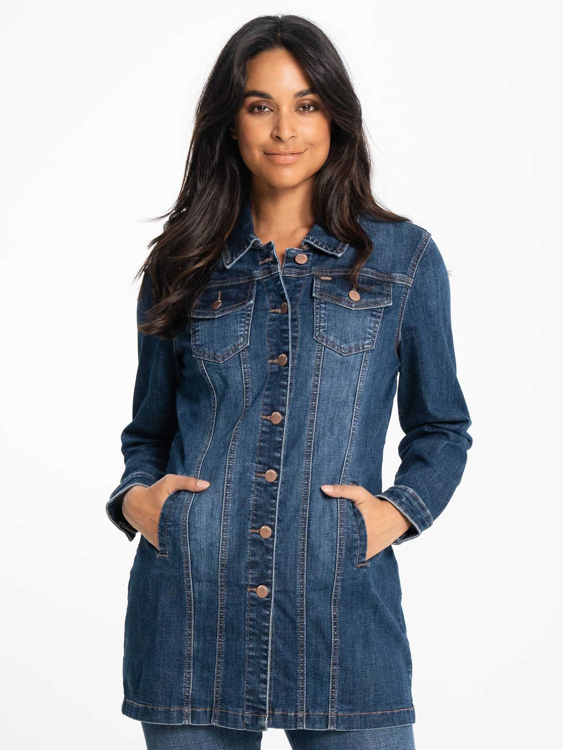 5760731100  Ladies long button jean jacket w/pockets