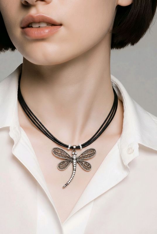 SNK16156 Leather rope necklace w/ dragonfly and rhinestones