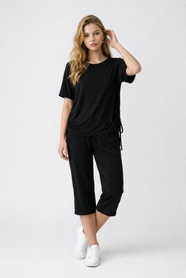 AM392 Elastic waist capri w/adjustable tie bottom and pockets