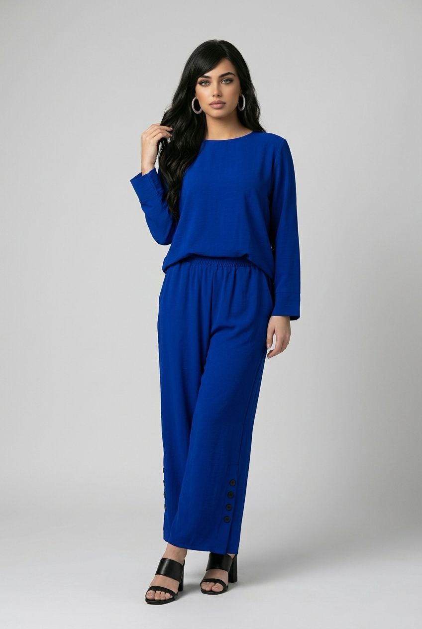AM403 Elastic waist wide leg crop pant w/button detail