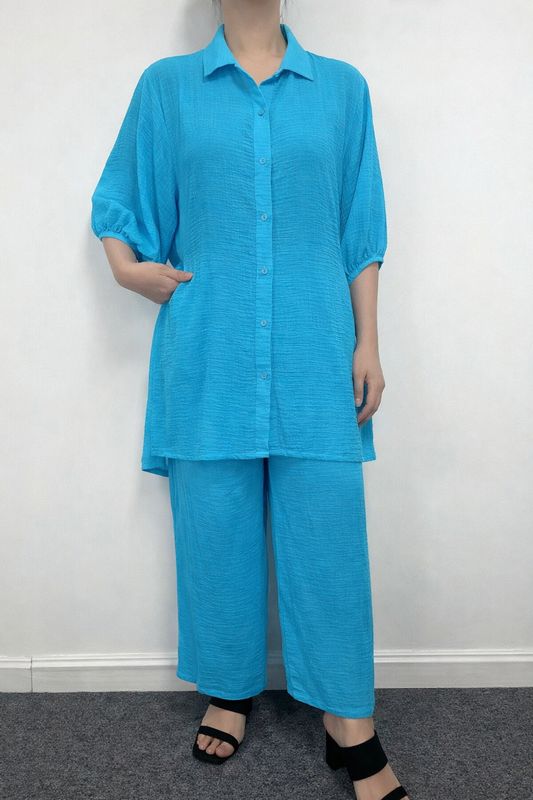 G526 collared button up 3/4 sleeve cover up swimwear