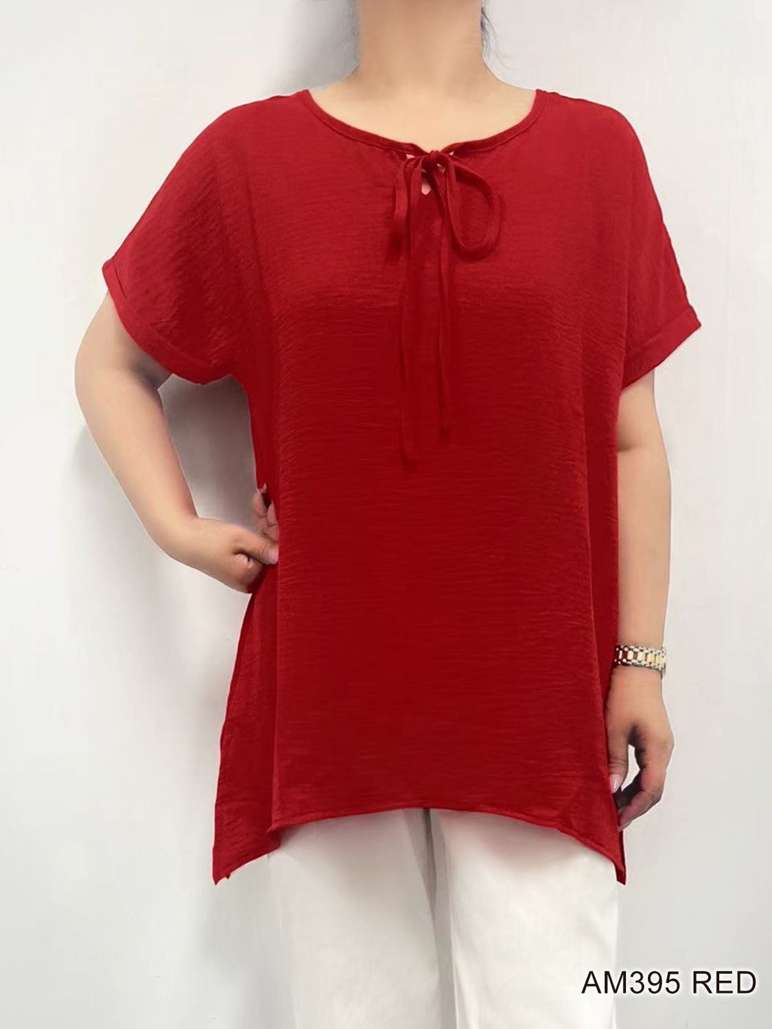 AM395 flowy short sleeve blouse w/tie neck