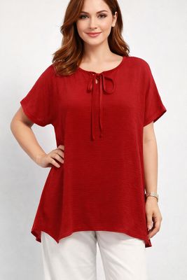 AM395 flowy short sleeve blouse w/tie neck