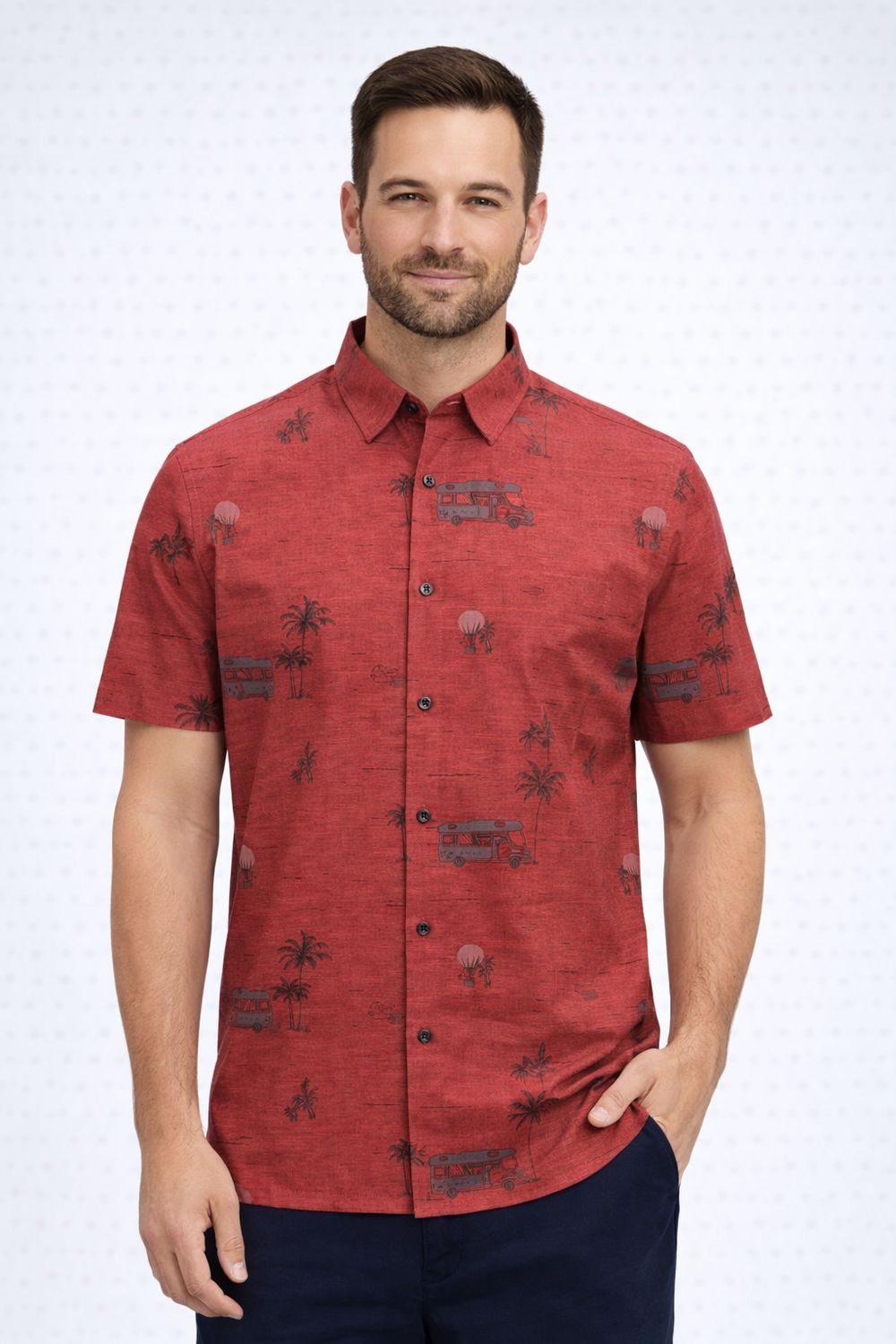 7464420 Men's short sleeve summer theme bus print button shirt