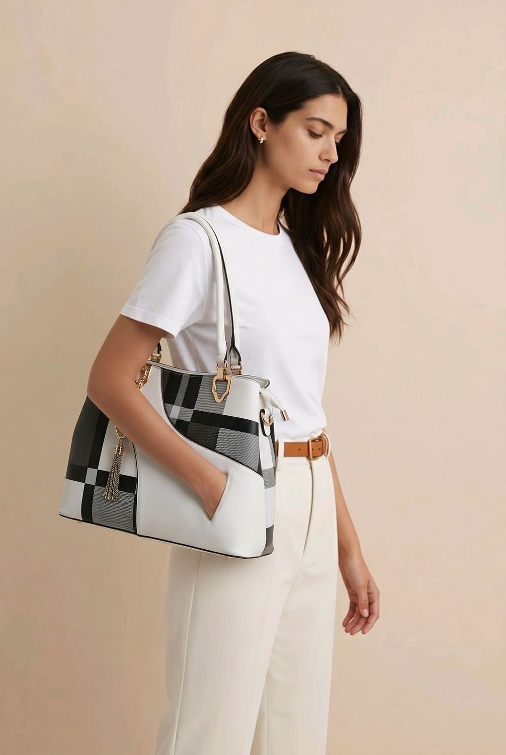 TO-1324A Top zip plaid front/solid back tote w/multiple inside compartments and extra strap
